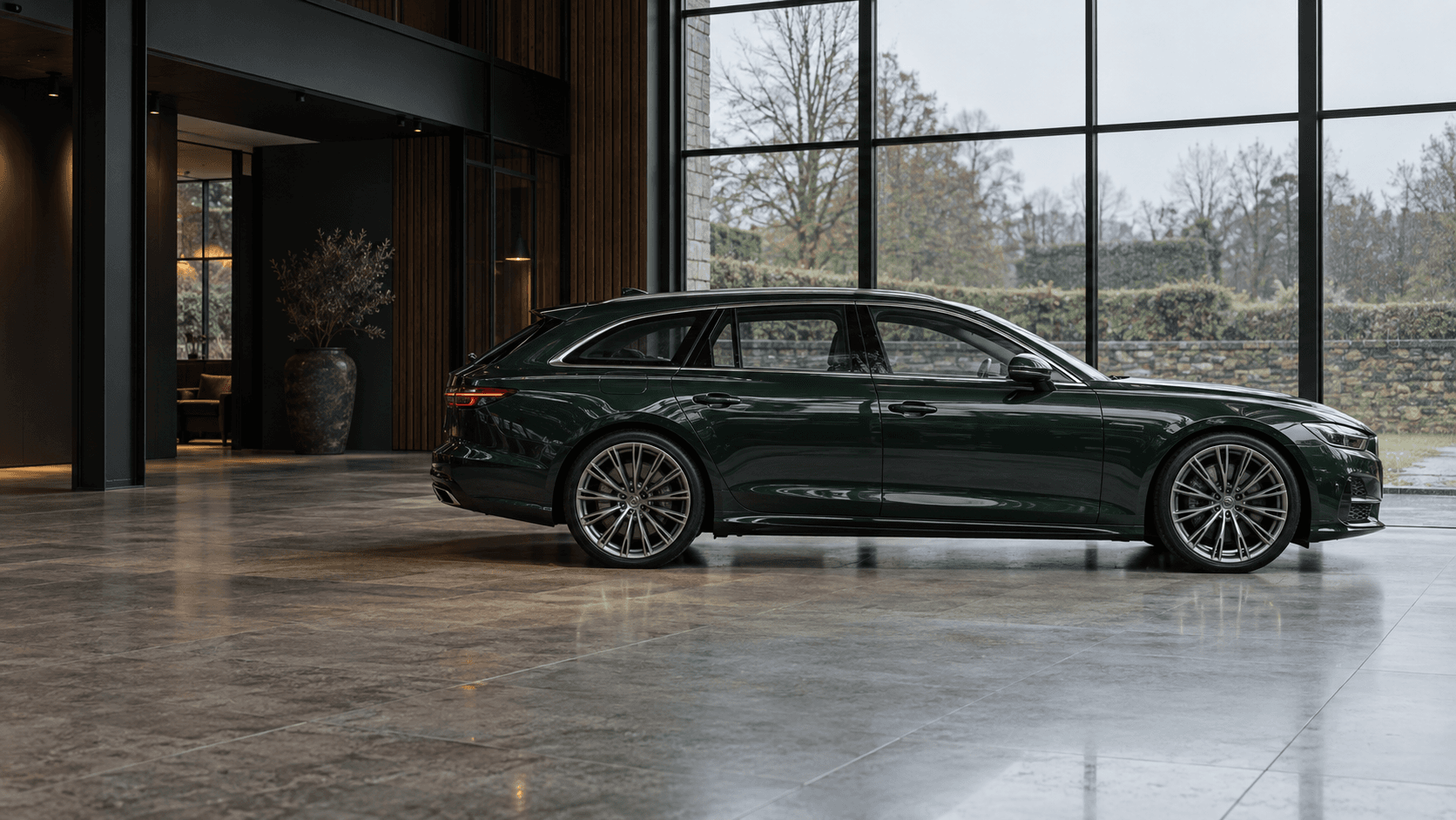 A dark green estate car in a bright independent showroom.